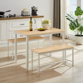 Industrial Dining Table Set with 2 Benches, Kitchen Counter Table for Breakfast, Living Room & Party Room, Natural & White, 43.3"L x 23.6"W x 29.9"H