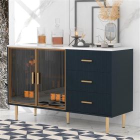 Modern Sideboard MDF Buffet Cabinet Marble Sticker Tabletop and Amber-yellow Tempered Glass Doors with Gold Metal Legs & Handles (Navy Blue)