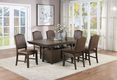 Dining Room Furniture Rustic Espresso Table w Storage Base Side Chairs 7pc Dining Set Rustic Espresso Wooden Faux Leather Upholstered Seats Chair